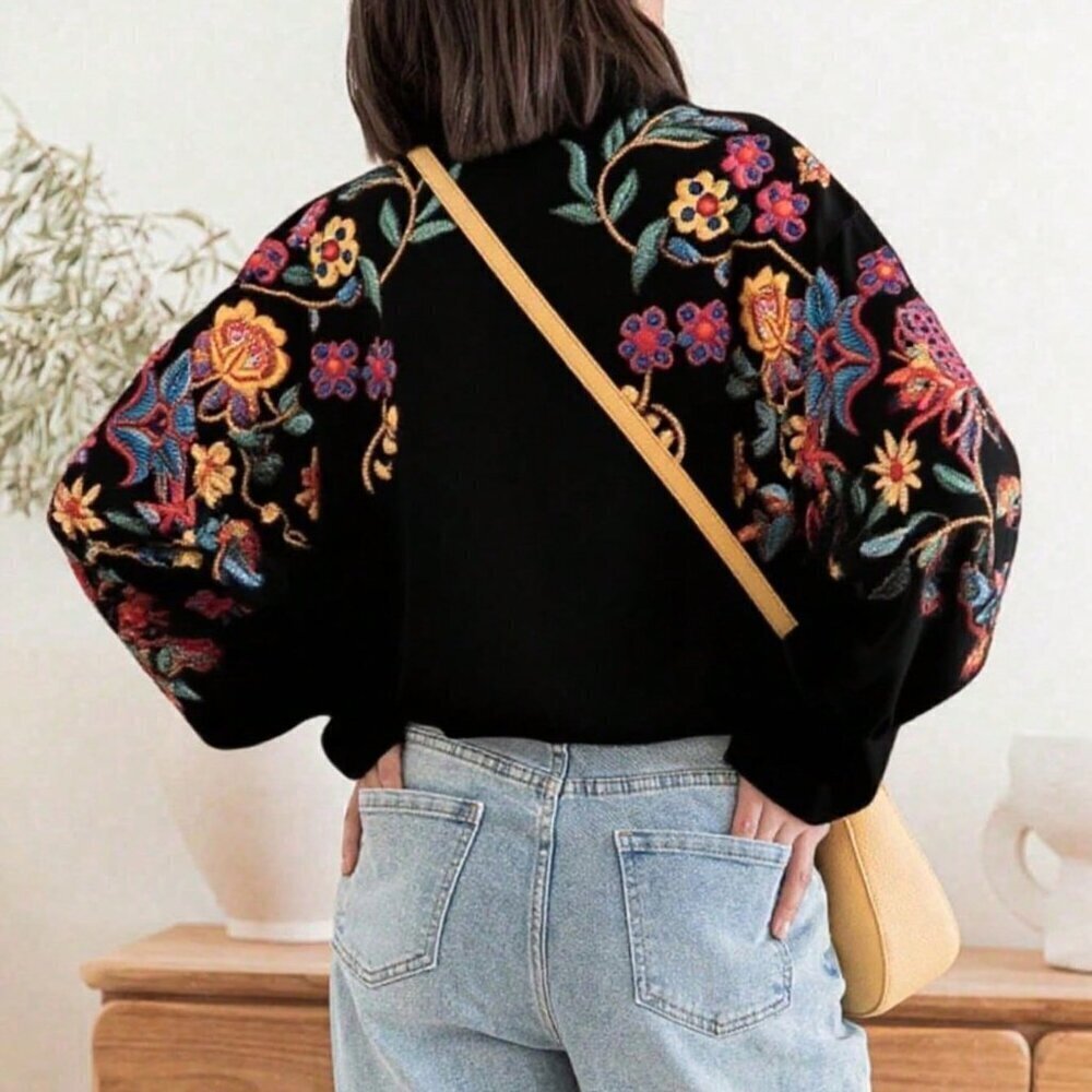 Black Casual Women's emroidered Floral Print Long Sleeve Shirt - Picture 2 of 5